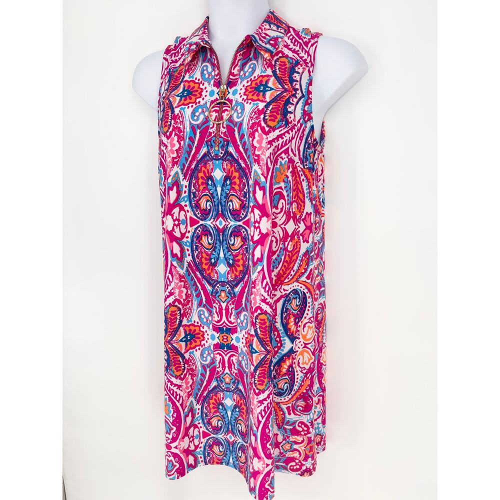 Ivy Road Pink Blue Quarter Zip Abstract Boho Pattern Stretch Dress Size L